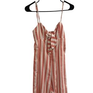 Ci Sono Pink and White Striped Jumpsuit with Ruffled Neckline